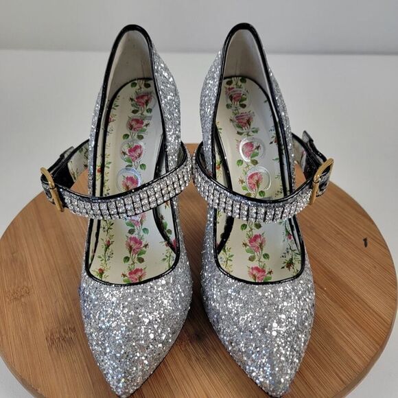 Gucci Calfskin Glitter Slyvie Mary Jane Pumps Argento Women Heels EU 38 US 7.5 - Picture 4 of 13